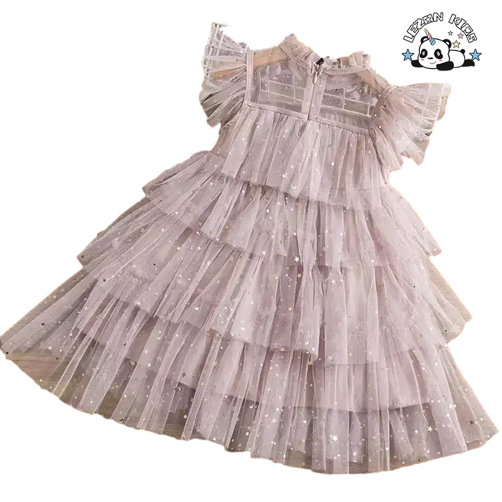 LEZONKIDS - Customizable Wholesale High Quality Little Princess Sparkle Star Printed Casual Tulle Kids Girls Dresses